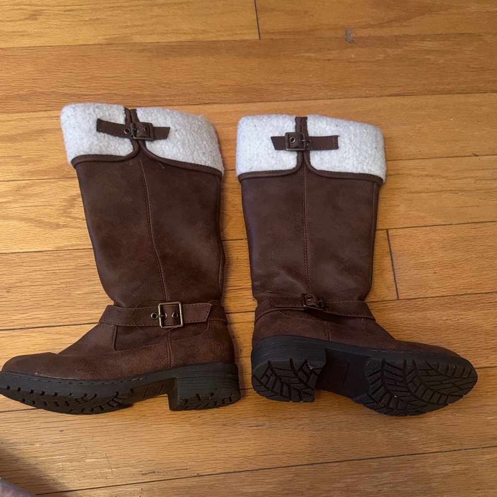 Brown Kids Knee-High Boots with White Cuff